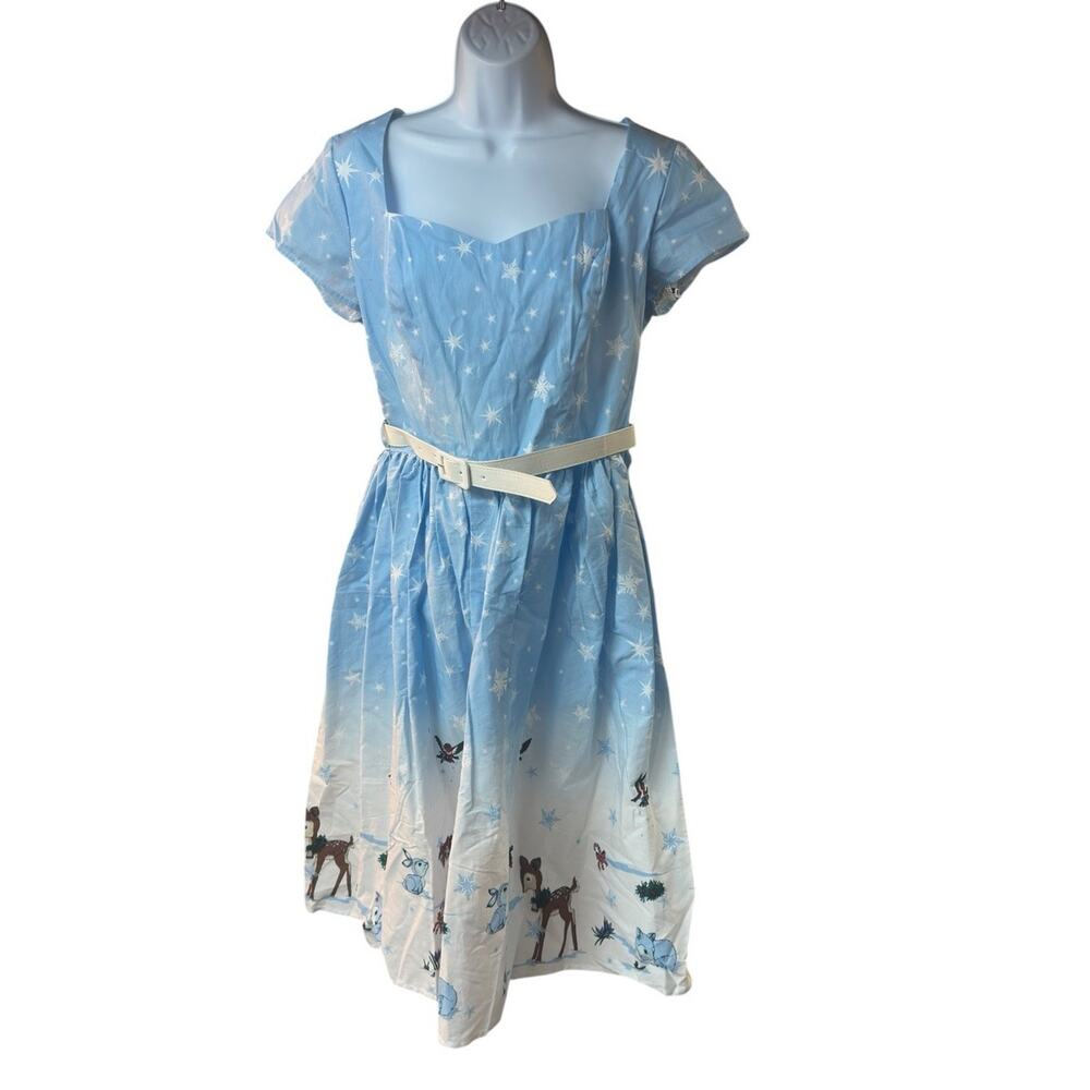 Hell Bunny Nevara Blue Christmas Dress Winter Scene Fit Flare Knee Length L NWT